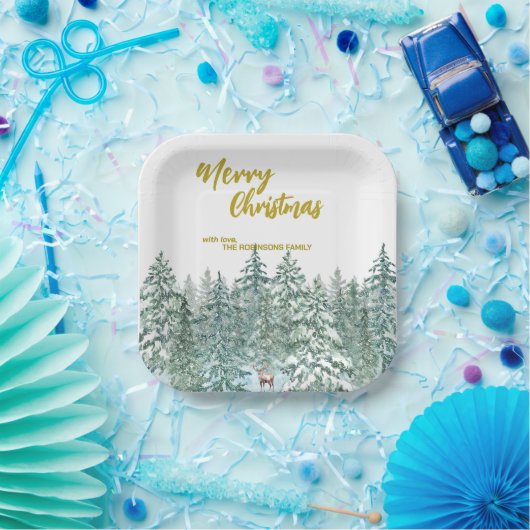 Frohe Weihnachtsbäume Wald Moderne Gold Skript Url Pappteller (Party)