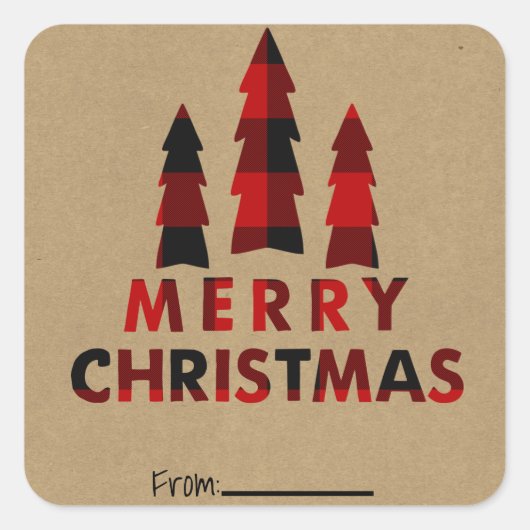 Frohe Weihnachtsbaumen Red Kariert Kraft Urlaubsar Quadratischer Aufkleber (Vorderseite)