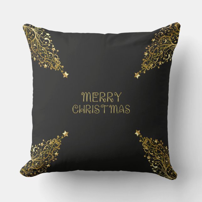 Frohe Weihnachtsbaumen Stars Black Gold Shiny Chic Kissen (Vorderseite)