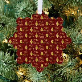 Frohe Weihnachtsbaumen Tief Rot und Gold Script Ornament Karte
