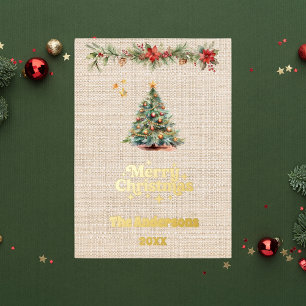 Frohe Weihnachtsbaumgarnelen beige Burlap Gold Folien Feiertagskarte