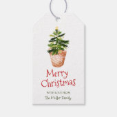 Frohe Weihnachtsbaumkörbe mit grüner Wasserfarbe Geschenkanhänger (Vorderseite)