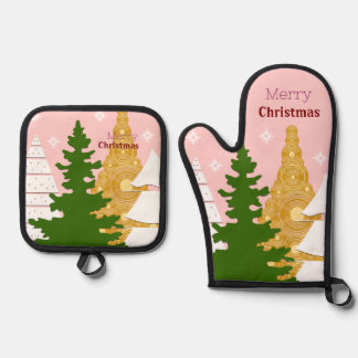 Frohe Weihnachtsbaumpinke Ofenhandschuh & Topflappen-Set