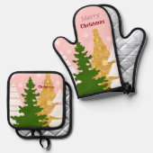 Frohe Weihnachtsbaumpinke Ofenhandschuh & Topflappen-Set (Vorderseite/Rückseite)