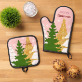 Frohe Weihnachtsbaumpinke Ofenhandschuh & Topflappen-Set (Oben Unten)
