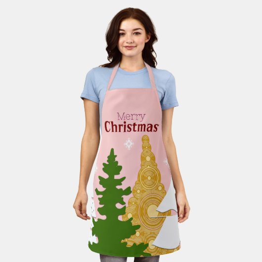 Frohe Weihnachtsbaumpinke Schürze (Getragen)