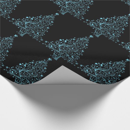 Frohe Weihnachtsbaumsteine Black Metallic Blue Geschenkpapier (Ecke)
