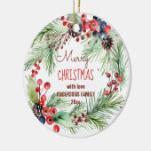 Frohe Weihnachtsbeeren Kiefer Foto Keramik Ornament (Links)