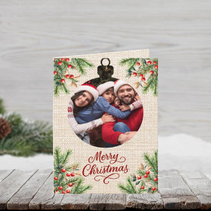 Frohe Weihnachtsbeige Burlap Foto Jahr in Review Feiertagskarte