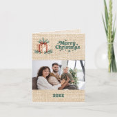Frohe Weihnachtsbeige Burlap Foto Jahr in Review Feiertagskarte (Vorderseite)