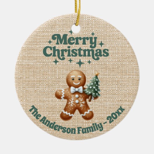 Frohe Weihnachtsbeige Burlap Lebkuchen Mann Keramik Ornament (Vorne)