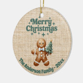 Frohe Weihnachtsbeige Burlap Lebkuchen Mann Keramik Ornament (Links)
