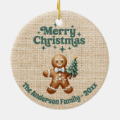 Frohe Weihnachtsbeige Burlap Lebkuchen Mann Keramik Ornament (Hinten)