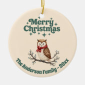 Frohe Weihnachtsbeige niedliche Eule Keramik Ornament (Vorne)