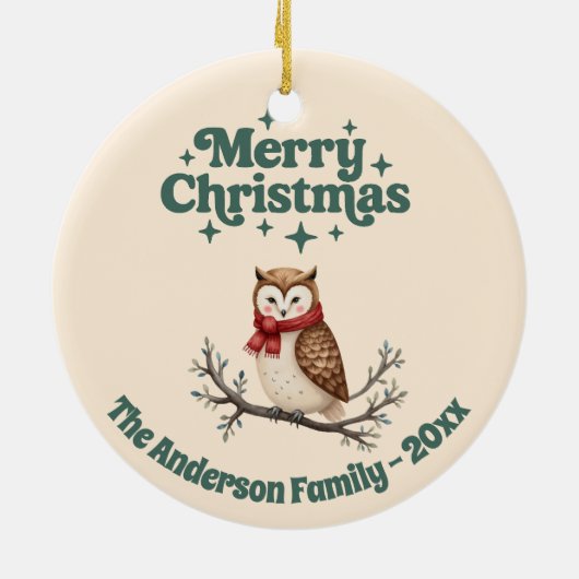 Frohe Weihnachtsbeige niedliche Eule Keramik Ornament (Hinten)