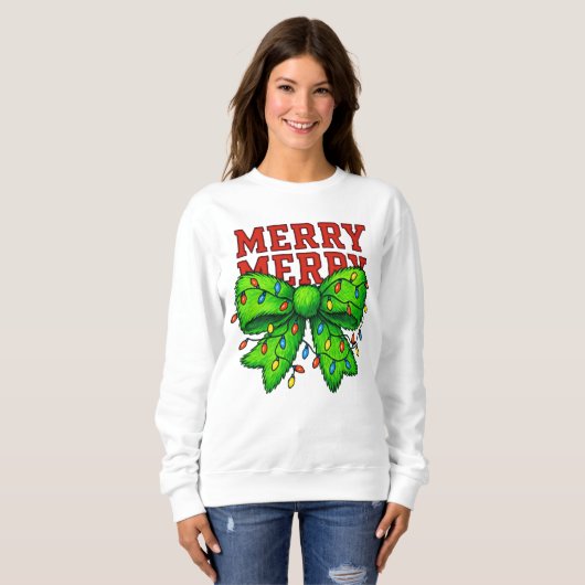 Frohe Weihnachtsbeleuchtung Grüner Bow Urlaub Sweatshirt (Vorne ganz)