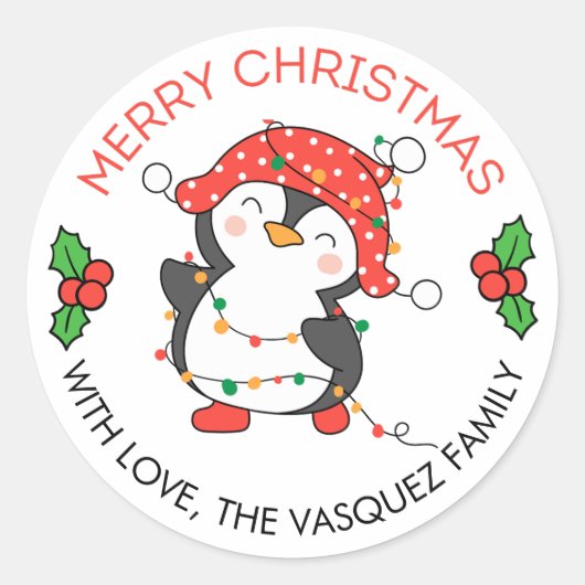 Frohe Weihnachtsbeleuchtung Pinguin Stickers Label (Vorderseite)