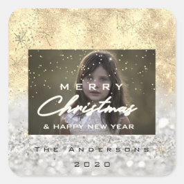 Frohe Weihnachtsbezeichnung Gold Snow Glitzer Foto Quadratischer Aufkleber
