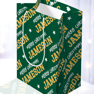Frohe Weihnachtsbezeichnung Typografie Grün Gelb Mittlere Geschenktüte