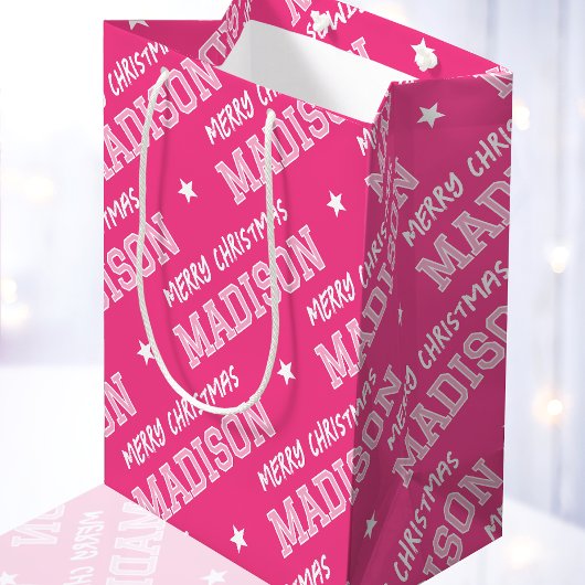 Frohe Weihnachtsbezeichnung Typografie Pink Mittlere Geschenktüte