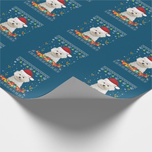 Frohe Weihnachtsbichons Frise Hund Ugly Sweater Geschenkpapier (Ecke)