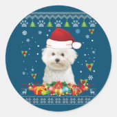 Frohe Weihnachtsbichons Frise Hund Ugly Sweater Runder Aufkleber (Vorderseite)