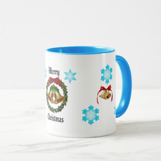Frohe Weihnachtsbohe, Kranz, Glocken und Schneeflo Tasse (VorderseiteRechts)