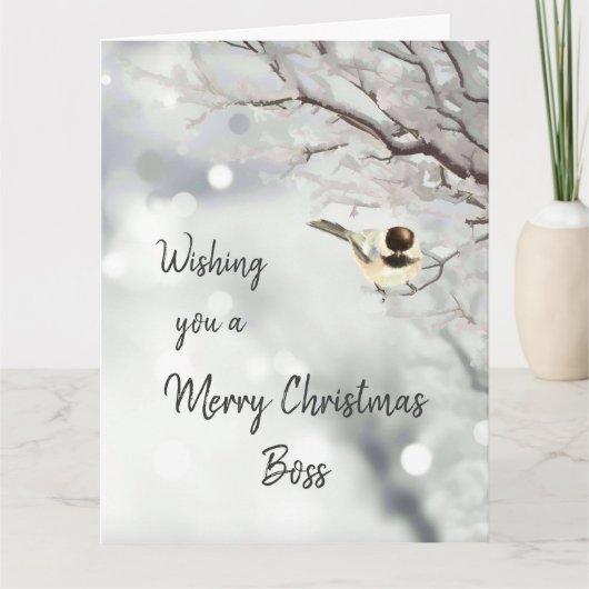Frohe Weihnachtsboss von uns allen Chickadee Bird Karte (Vorderseite)