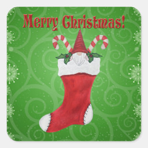 Frohe Weihnachtsbrunnen in Strumpf Candy Cane Gree Quadratischer Aufkleber