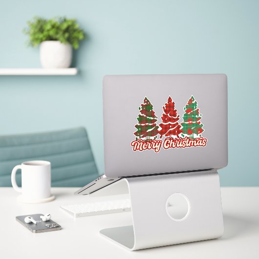 Frohe Weihnachtsbüffel Karierte Bäume-42019 Aufkleber (Laptop auf Schreibtisch)