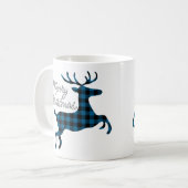 Frohe Weihnachtsbühne auf Blue Black Buffalo Karo Kaffeetasse (Vorderseite Links)