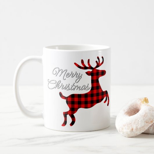Frohe Weihnachtsbühne auf Red Black Buffalo Karo Kaffeetasse (Mit Donut)