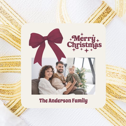 Frohe Weihnachtsburgund Bugbeige Retro-Foto Quadratischer Aufkleber