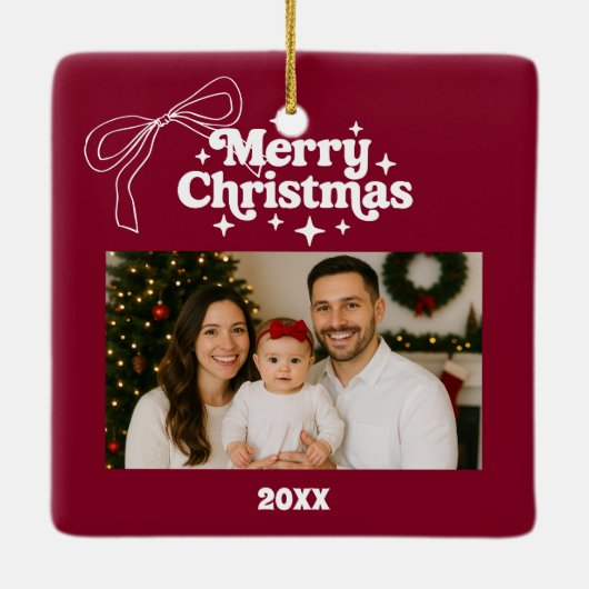 Frohe Weihnachtsburgund Foto Bogen handgezeichnet Keramikornament (Rückseite)