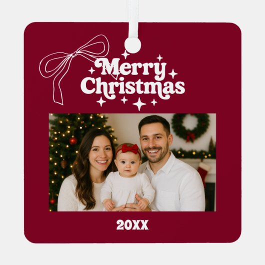 Frohe Weihnachtsburgund Foto Bogen handgezeichnet Ornament Aus Metall (Rückseite)