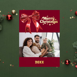 Frohe Weihnachtsburgund Rot-Bogen Retro-Foto Gold Folien Feiertagskarte