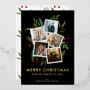Frohe Weihnachtscollage Black Modern Holly Folien Feiertagskarte
