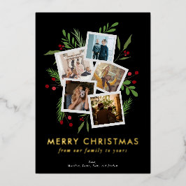 Frohe Weihnachtscollage Black Modern Holly Folien Feiertagskarte