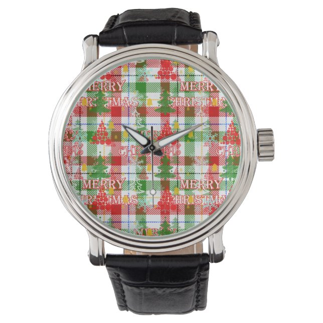 Frohe Weihnachtsdekoration Kariert Tartan Armbanduhr (Vorderseite)