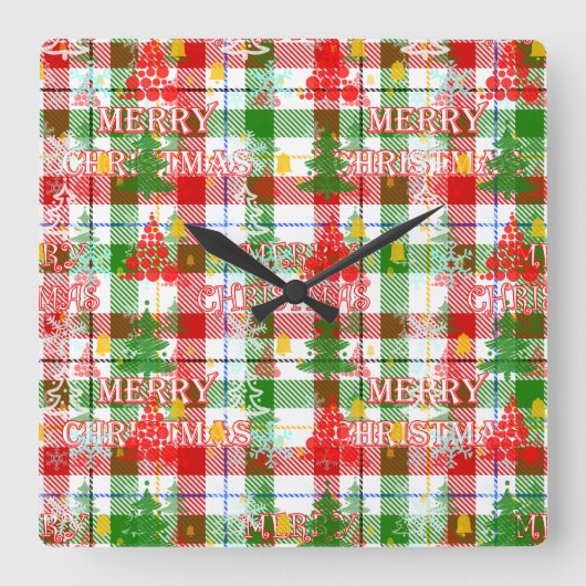 Frohe Weihnachtsdekoration Kariert Tartan Quadratische Wanduhr (Vorderseite)