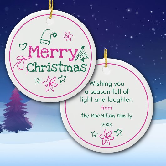 Frohe Weihnachtsdoodles Pink & Green Personalisier Keramik Ornament