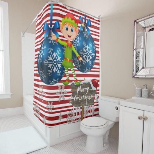 Frohe Weihnachtsduschvorhang, Elfenstreifen Duschvorhang (Beispiel)