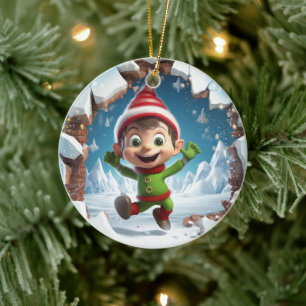 Frohe Weihnachtself genießt den Winter. Keramik Ornament