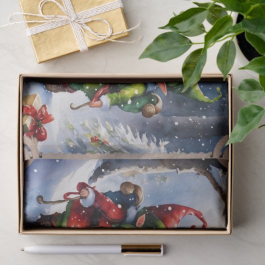 Frohe Weihnachtselfen auf einer schneebedeckten Na Seidenpapier (Geschenk)