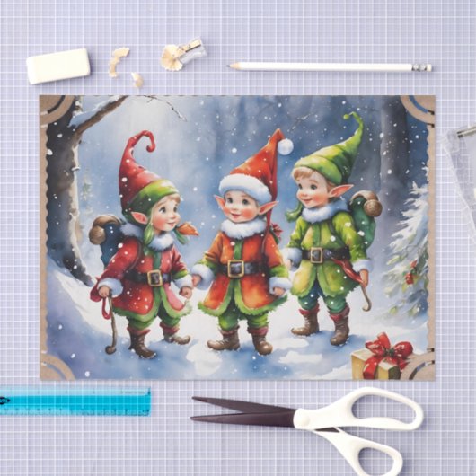 Frohe Weihnachtselfen auf einer schneebedeckten Na Seidenpapier (Handwerk)