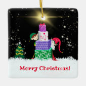 Frohe Weihnachtselfen mit Weihnachtsgeschenken Keramikornament (Vorderseite)