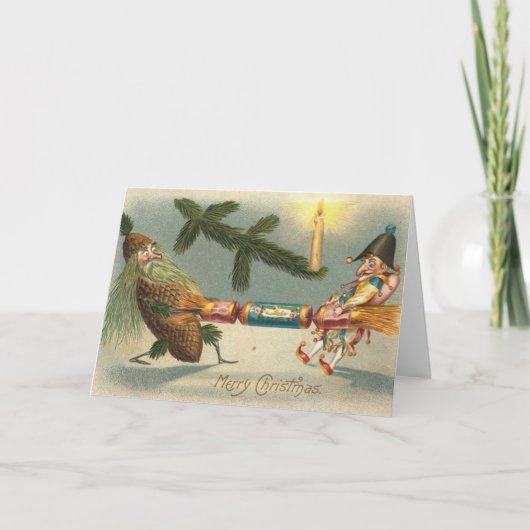 Frohe Weihnachtselfen spielen Feiertagskarte (Vorderseite)