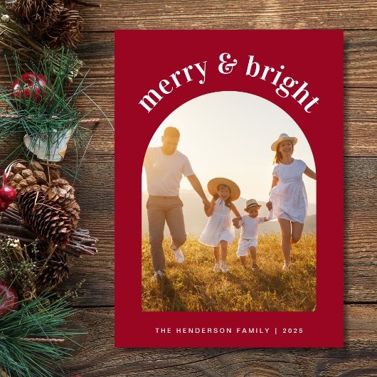 Frohe Weihnachtsfamilie Arched Foto Red Feiertagskarte