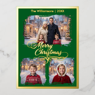Frohe Weihnachtsfamilie, drei Bilder, grün Folien Feiertagspostkarte