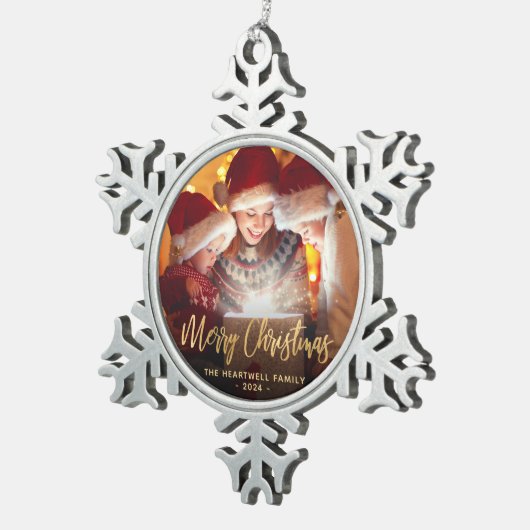 Frohe Weihnachtsfamilie Foto Elegante Goldene Schr Schneeflocken Zinn-Ornament (Rechts)